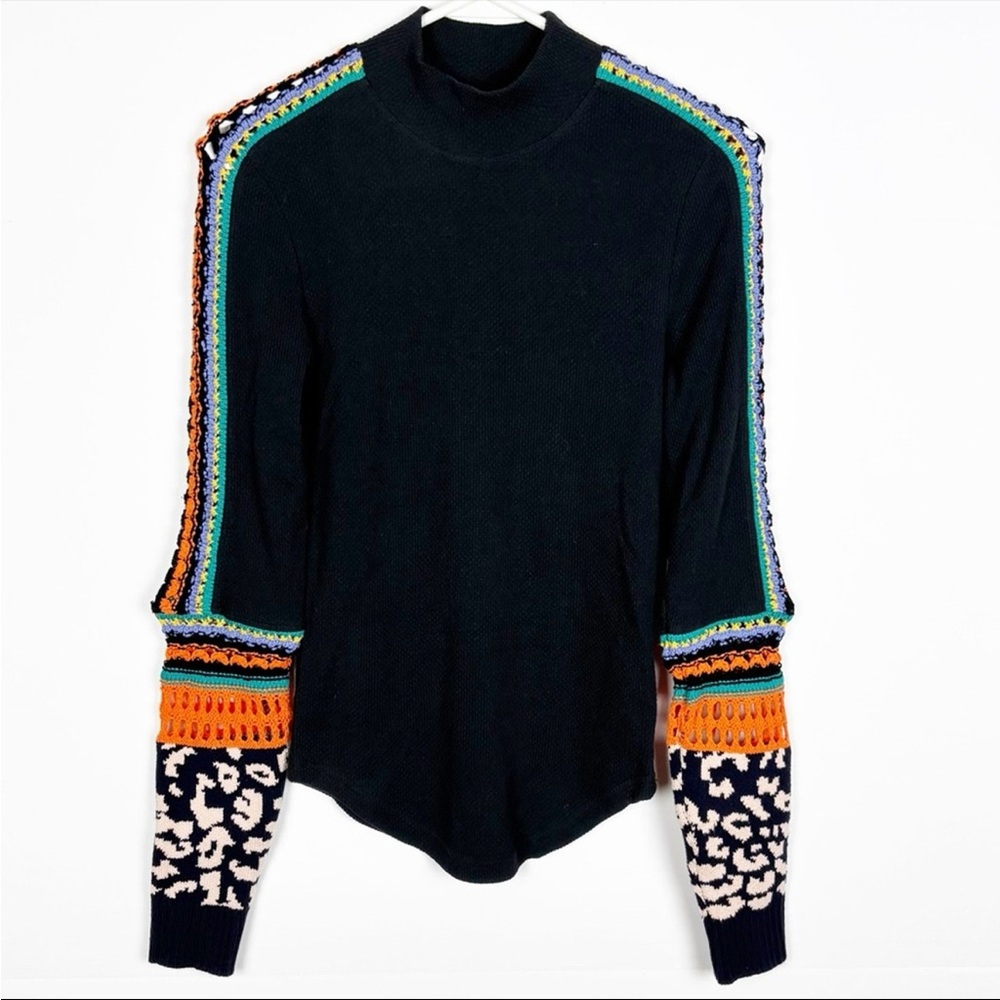 Free People Black Multicolor Knit Blouse